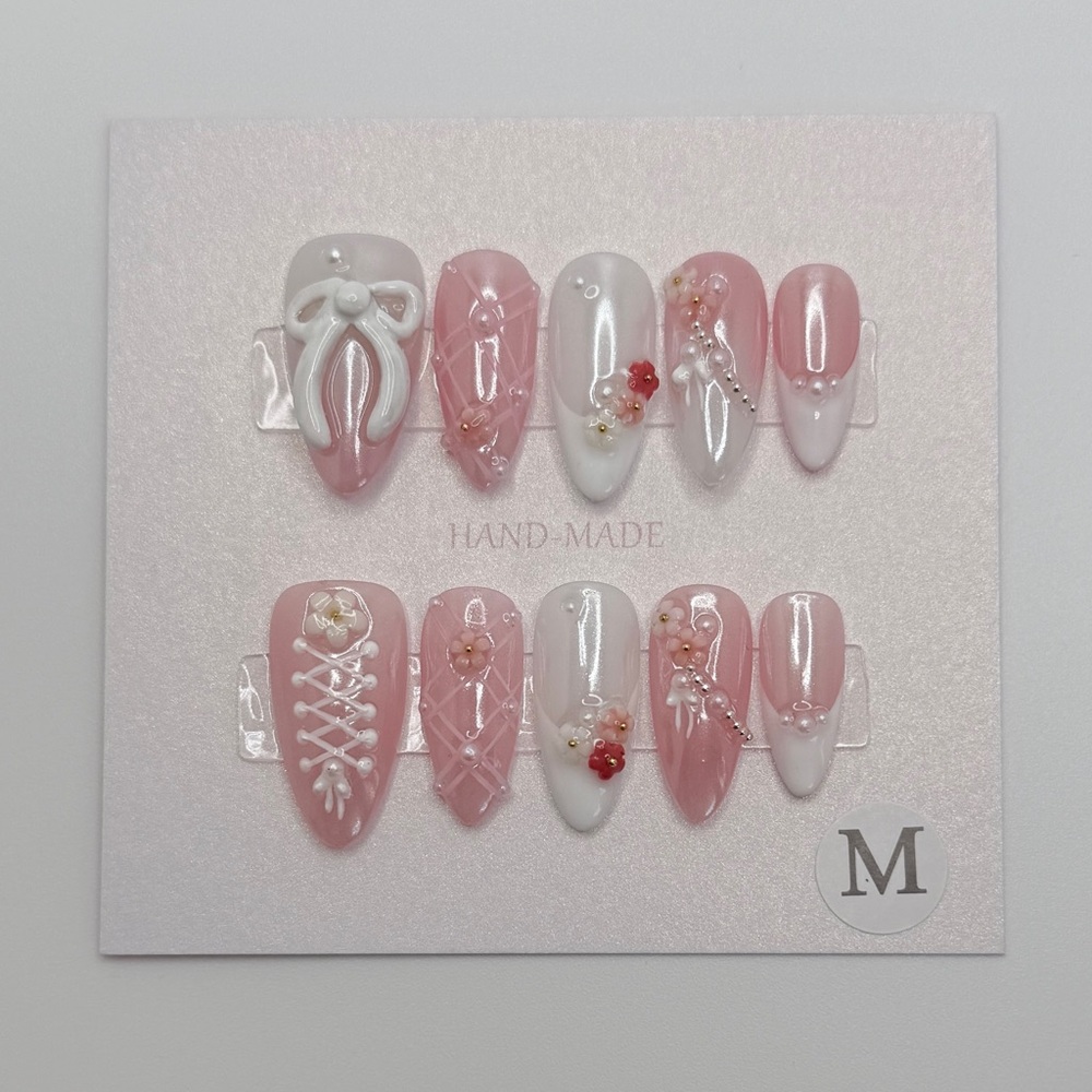Pink and White Lace Up Press On Nails